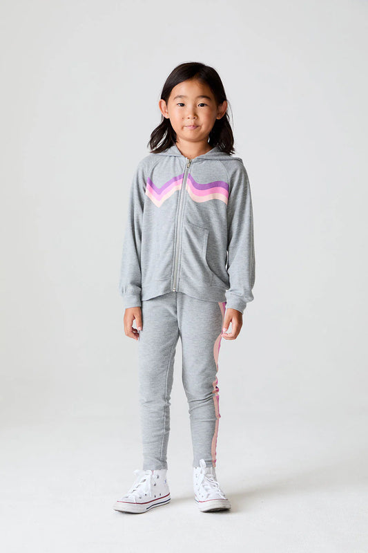 Cozy Knit Zip Up Hoodie - Heather Grey / Pink Wave Stripe