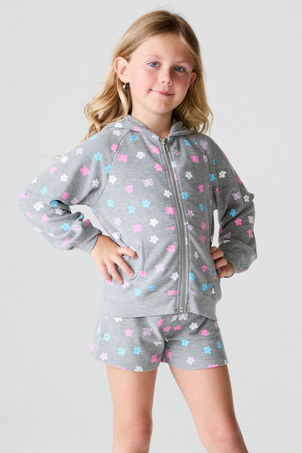 Cozy Knit Zip Up Hoodie - Heather Grey / Butterfly Flowers