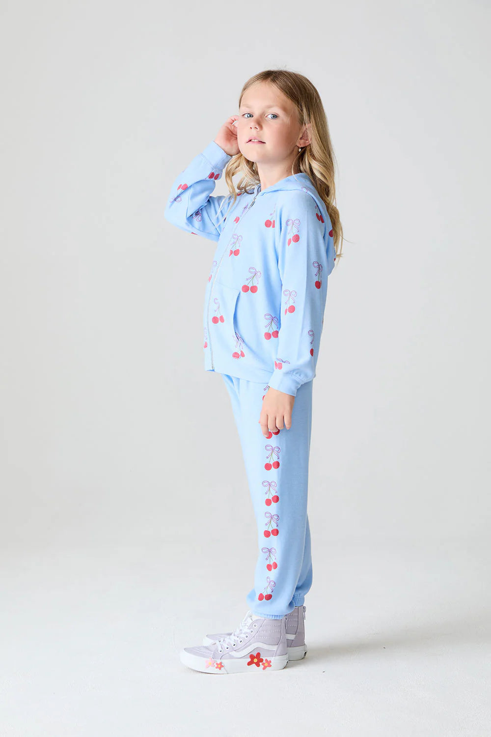 Cozy Knit Zip Up Hoodie - Peri Blue / Cherry Bows