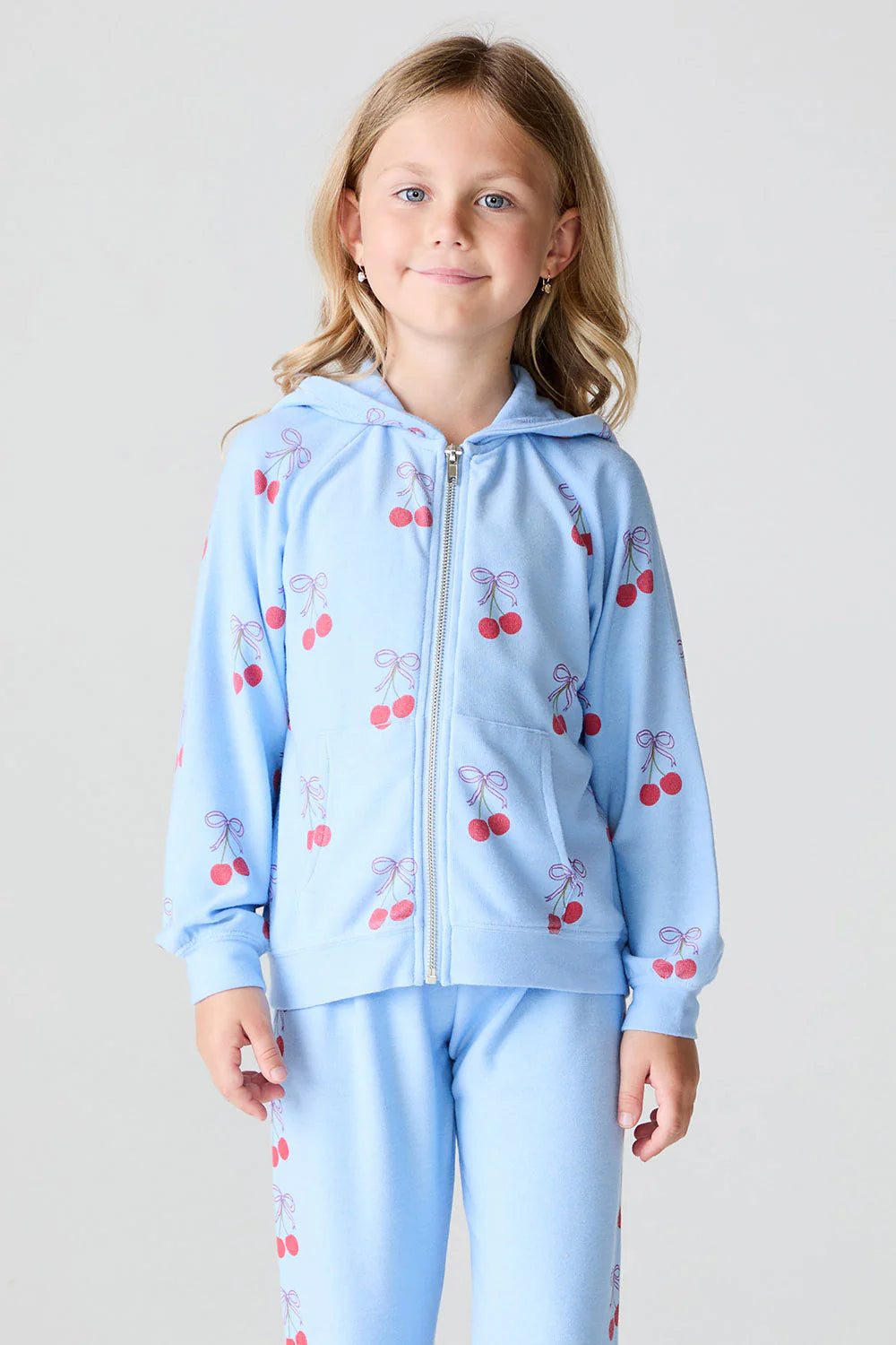 Cozy Knit Zip Up Hoodie - Peri Blue / Cherry Bows