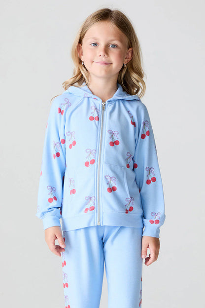 Cozy Knit Zip Up Hoodie - Peri Blue / Cherry Bows