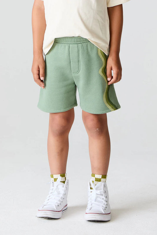 Zuma Cotton Terry Wide Leg Shorts - Leafy Green / Wave Stripe Shorts
