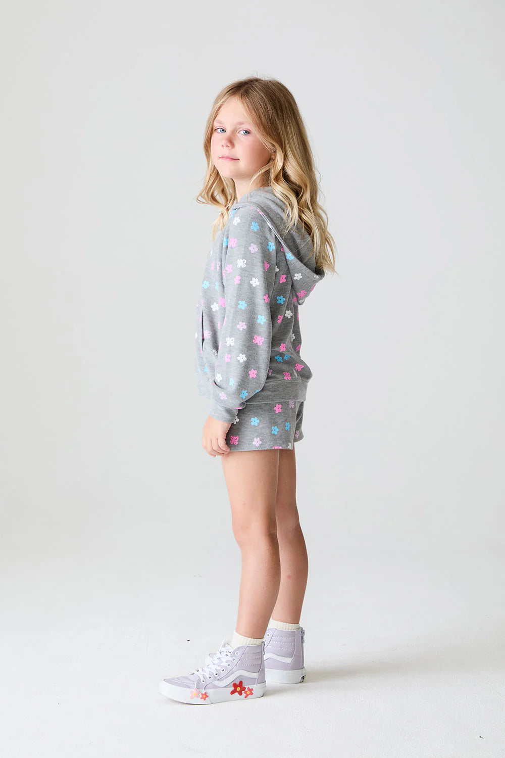 Cozy Knit Zip Up Hoodie - Heather Grey / Butterfly Flowers