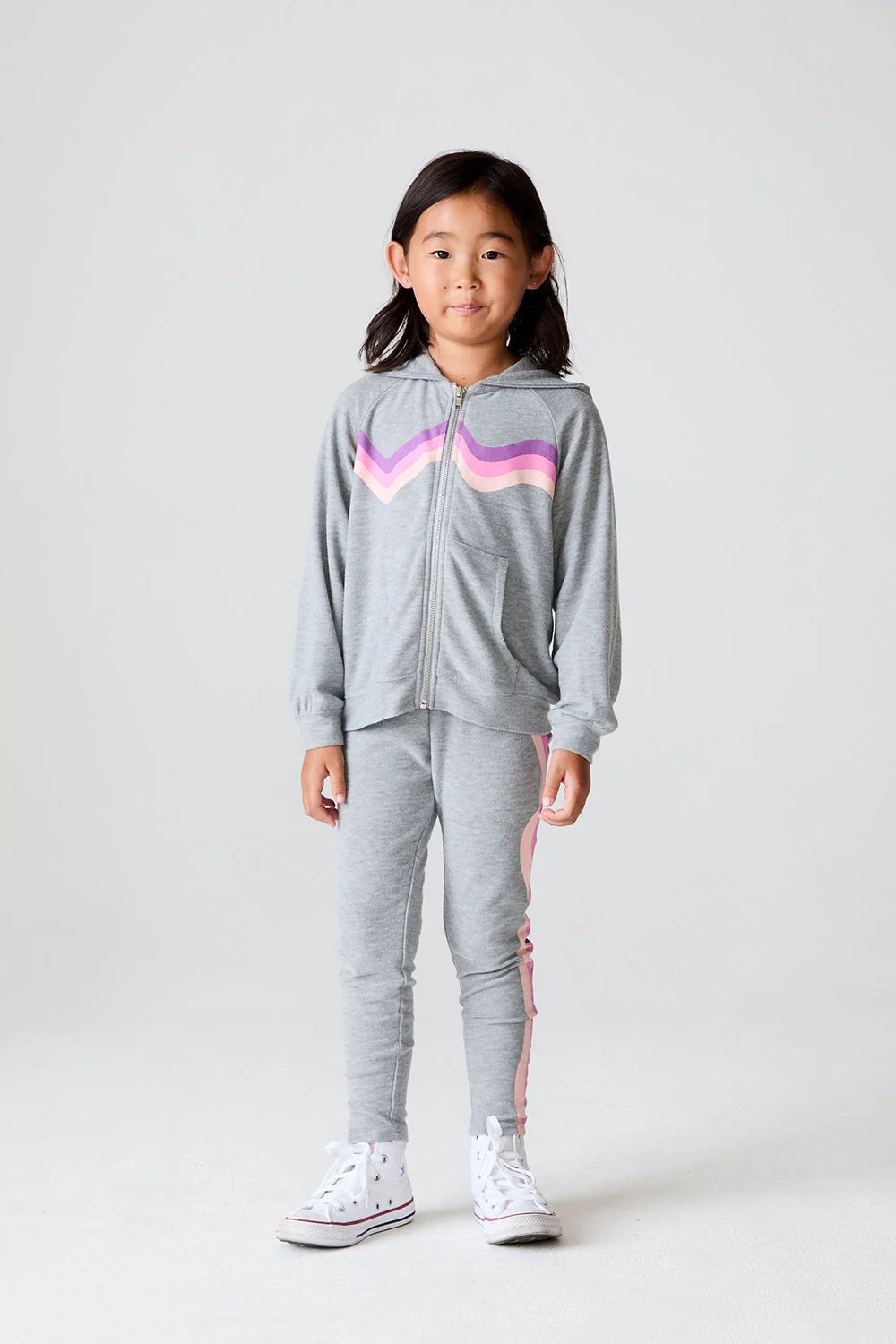Cozy Knit Slim Leggings - Heather Grey / Pink Wave Stripe Leggings
