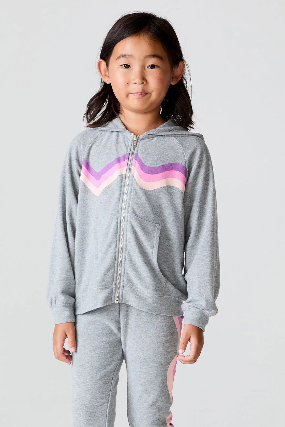 Cozy Knit Zip Up Hoodie - Heather Grey / Pink Wave Stripe