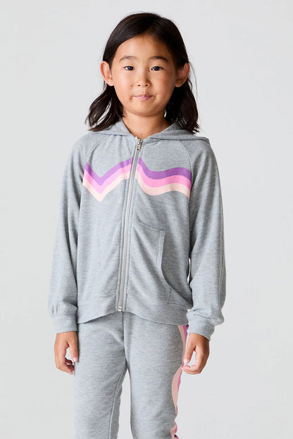 Cozy Knit Zip Up Hoodie - Heather Grey / Pink Wave Stripe